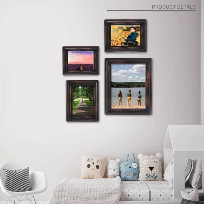 Picture Frame 8x10,Black Rustic Wood Frame with Glass Front, Wall Mount or Table Top