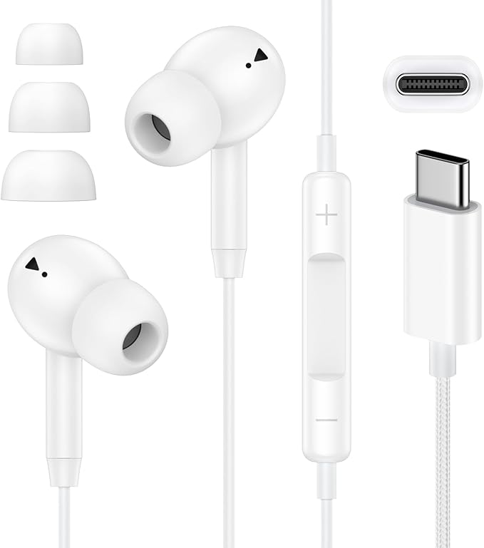 USB C Headphones for iPhone16/15, iPhone Wired Earbuds with Microphone Noise Cancelling Usbc Wired Earphones for Samsung Galaxy A17 iPhone 17Pro Max iPad Pro Wired Ear Buds TypeC Plug, White