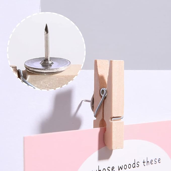 DOSEWART Push Pin Clips for Cork Board, 60 Pcs Wooden Paper Clips with Push pins for Bulletin Board Decoration, Artworks, Notes, Photos, Cubicle and Classroom Decor