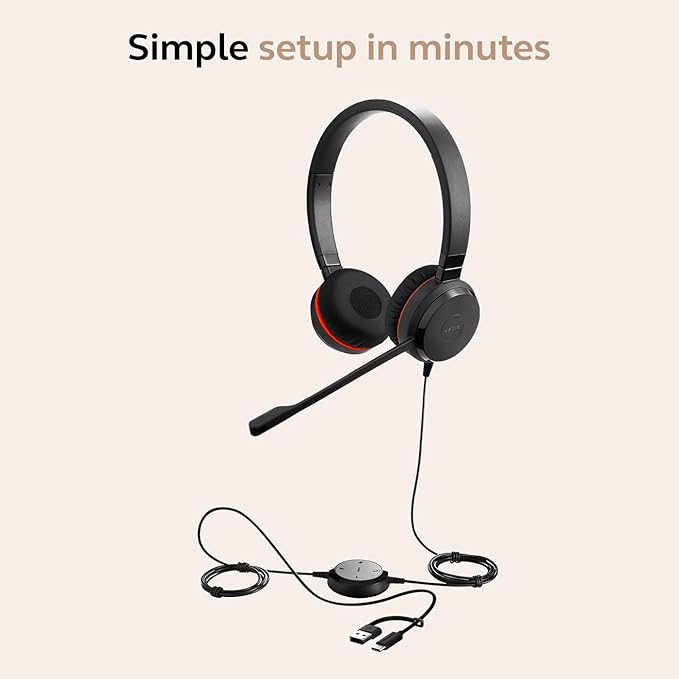 Jabra Evolve 20 SE Wired Dual-Ear Headset with Microphone for Work, USB-A and USB-C Wired Headphones, Microsoft Teams Certified, On-Ear Comfort, Connects to Laptops, iPhone & Android Devices