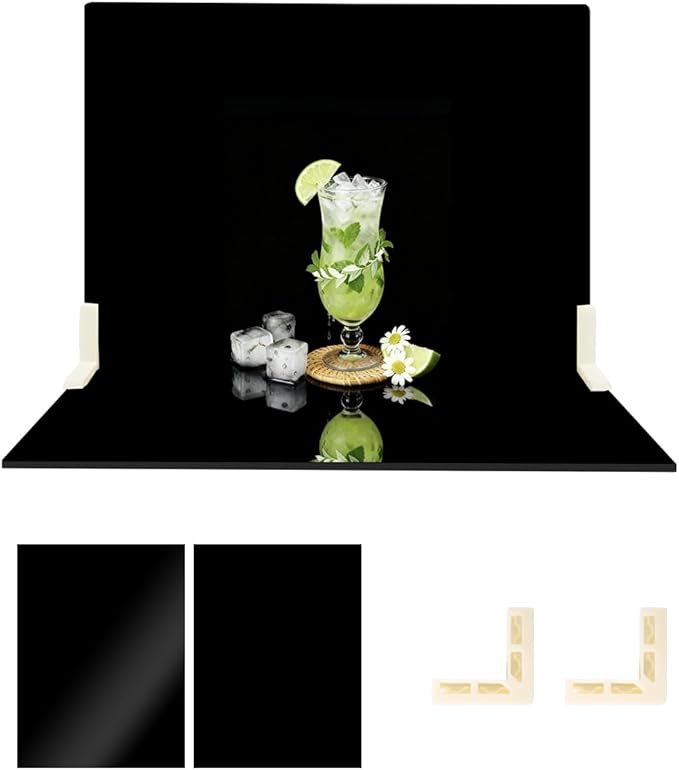 2 PCS Board Photo Backdrop, 16x12 Inch Black Double Sided Matte and Reflective Waterproof Backdrop Boards for Photography with 2 PCS Bracket for Flat Lay