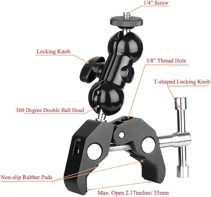 Camera Super Clamp Mount (w/ 1/4 and 3/8 Thread) and Double Ball Head Hot Shoe Mount Magic Arm Adapter for DSLR Camera/Camera Cage/LED Light/Flash Light/Action Camera