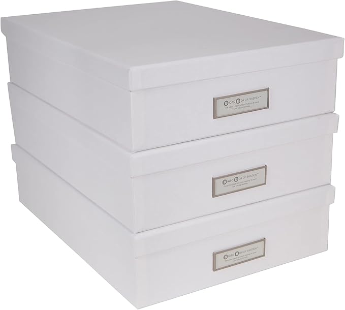 Bigso Oskar Fiberboard Label Frame Document Letter Box - File Organizer Box for Important Paperwork - Document Storage with a Lid & Metal Label Window - 3.3 in x 10.2 in x 13.8 in - 3 Pack - White