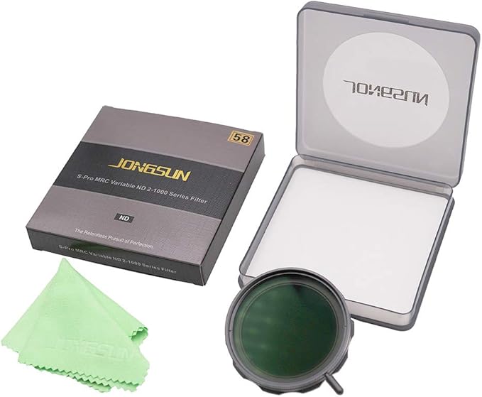 JONGSUN 58mm Variable ND Filter, S-Pro MRC 16 Layers Nano Coatings, More Than 10 Stop ND2-ND1000 Stepless Adjustment Graduated, Lens Cloth Kit,Camera Neutral Density Filter