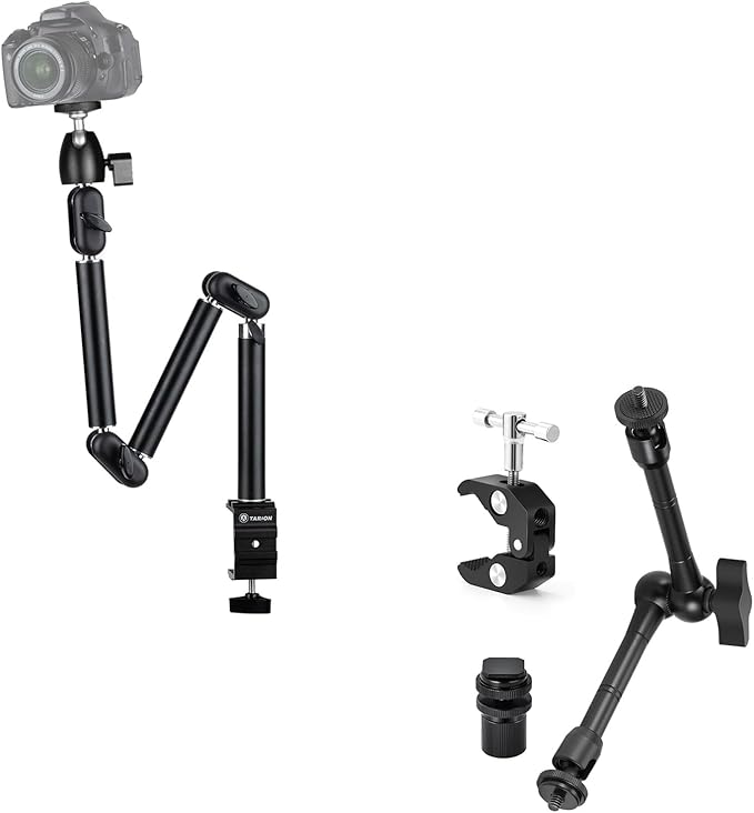 TARION Top Tripod Camera Desk Mount + 11in Magic Arm with Super Clamp, 360°Flexible Articulating Arm with 3/8'' Screw and 3/8'' to 1/4'' Screw + 3 Articulating Arms with 1/4" and 3/8" Thread
