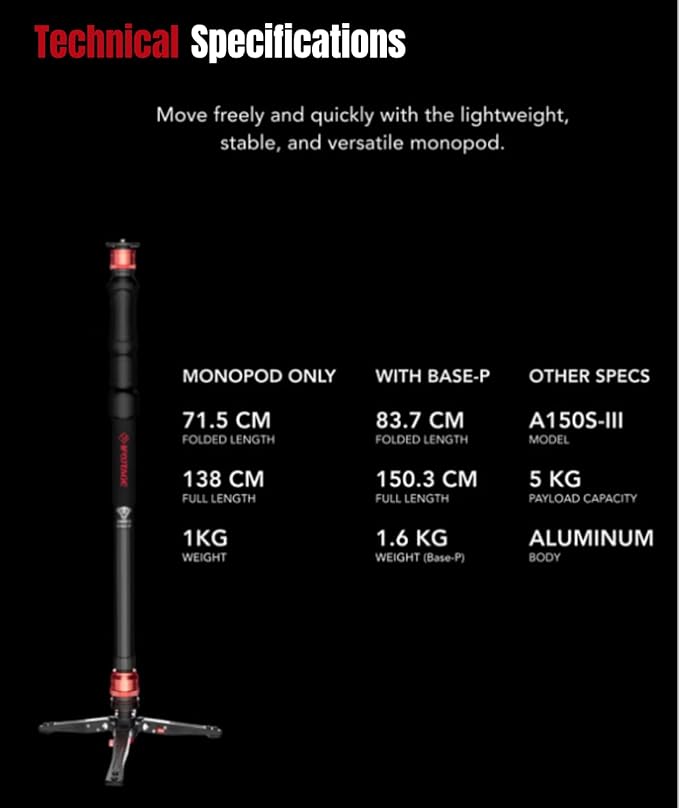 IFOOTAGE Cobra 3 A150S Strike Monopod, Pedal Locking Control, One-Step Rapid Height Adjustment, Professional Photography Monopod for SLR Cameras and Camcorders (59")
