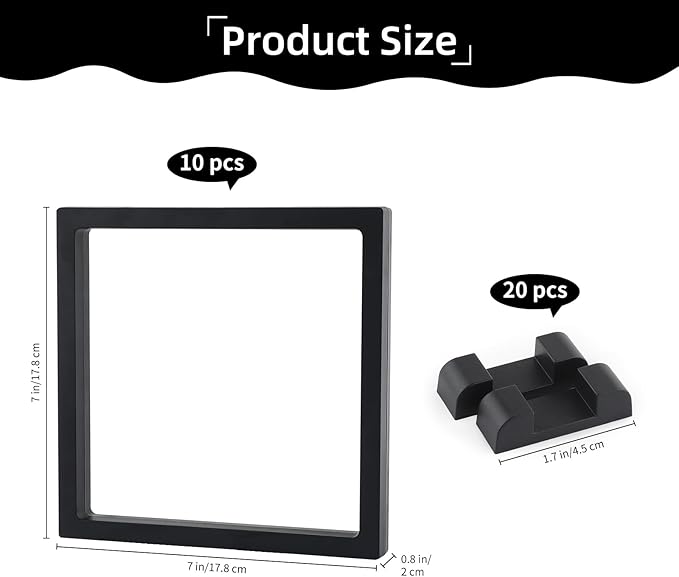 10 Pcs Floating Frame Case with Stands 7x7x0.8 in, Black Challenge Coin Display,Transparent PE Jewelry Storage Box, Floating Display Holder Stands for Antique Challenge Coins Medallion Fossil Specimen