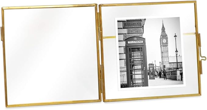 Isaac Jacobs 4x4, Antique Gold, Vintage Style Brass and Glass, Metal Floating Picture Frame with Locket Closure, for Photos, Art, & More, Tabletop Display (4x4 Antique Gold)