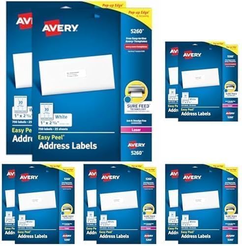 AVERY Address Labels 1 x 2-5/8 inch White | Easy Peel | Sure Feed Technology | For Laser Printers | Permanent Adhesive | 1,500 Labels, Pack of 5