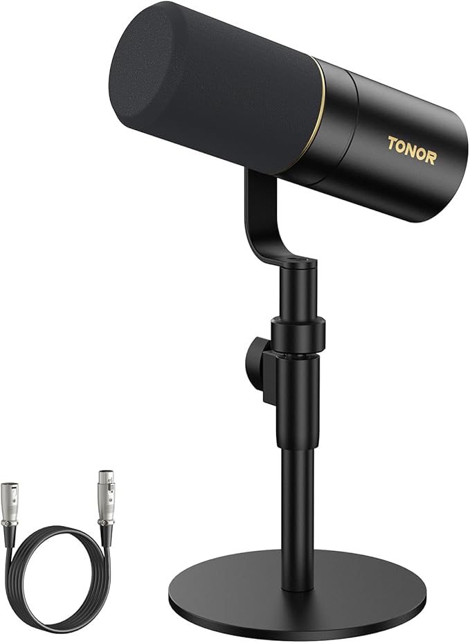 TONOR Dynamic Podcast Microphone, XLR Mic for Recording, Streaming, XLR Cardioid Mic with Quick Mute, Volume Control, 200 cm/78inch Cable, with Desktop Stand, Audio Interface Needed, Black, TD520X