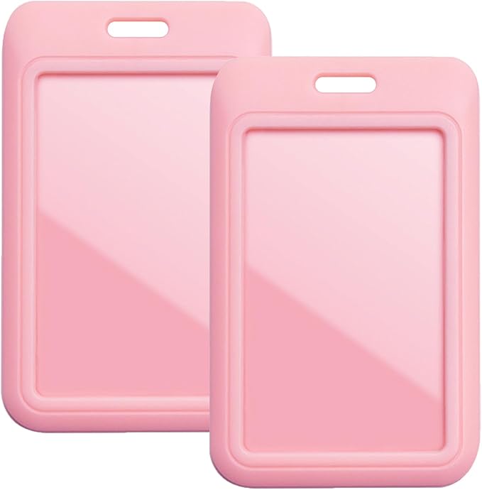 Larpur Pack of 2 Vertical ID Badge Holders Hard Plastic Card Cases with Clear ID Window for School, Office, Factory, Pink