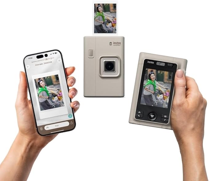 FUJIFILM instax mini LiPlay+ (Sand Beige) Hybrid Instant Camera Bundle with 20 Exposures Instant Film + Instax Mini Album, Borders, Stickers & Clips + Microfiber Cleaning Cloth (4 Items)