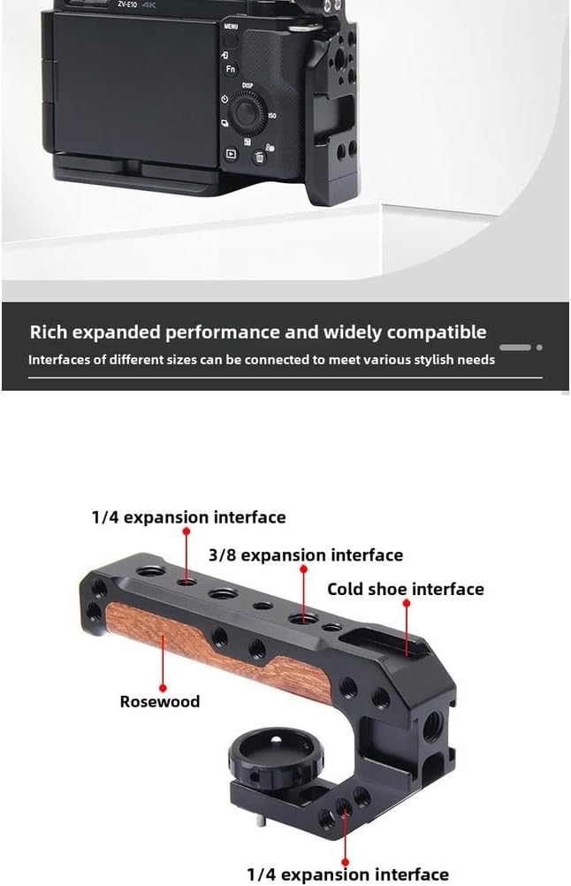 Wooden top Handle, Grip for DSLR Camera cage, Universal Handle with 3 Cold Shoe adapters with 3/8 and 1/4 Screw Holes