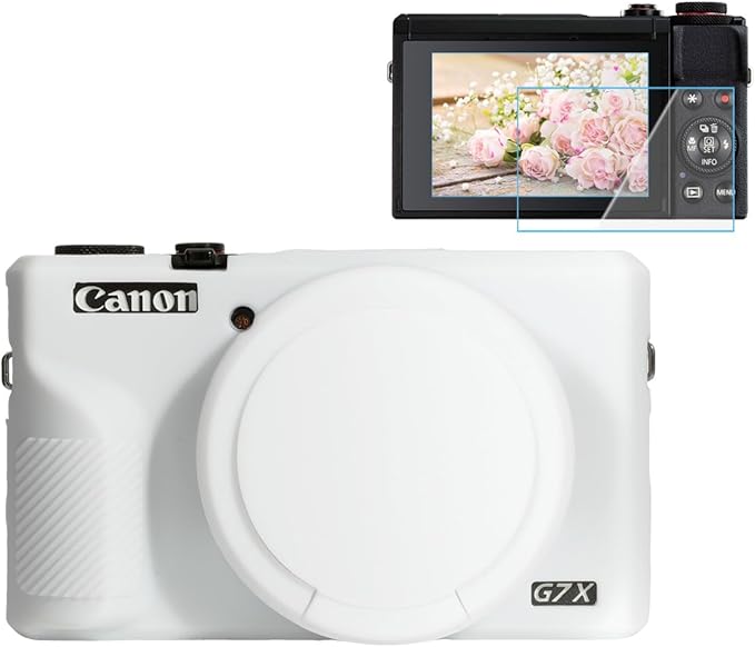 Pocoukate Case for Canon G7X Mark III Camera, Soft Silicone Protective Cover Skin with Removable Lens Cover for Powershot G7X Mark iii, Silicone Case with G7X3 Screen Protector Accessories - White