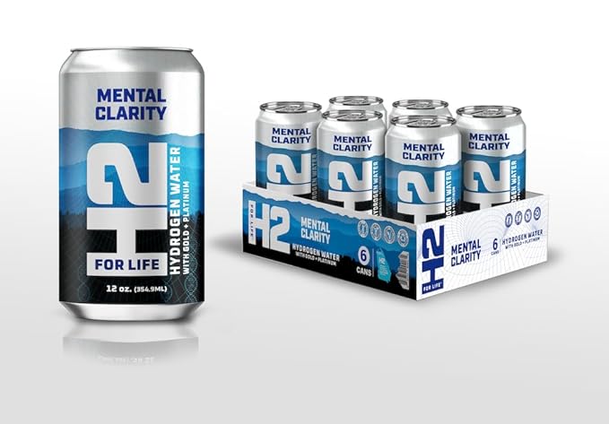 H2ForLife - Mental Clarity Hydrogen Rich Spring Water with Gold & Platinum Infusion, Focus & Energy Beverage, 12 oz per Can (Pack of 6)