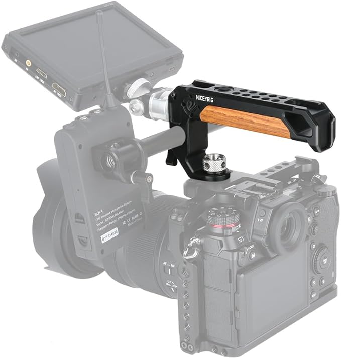 NICEYRIG Top Handle for ARRI 3/8 '' Thread with 15mm Rod Clamp, DSLR Camera Wooden Grip for Cage Rig - 348