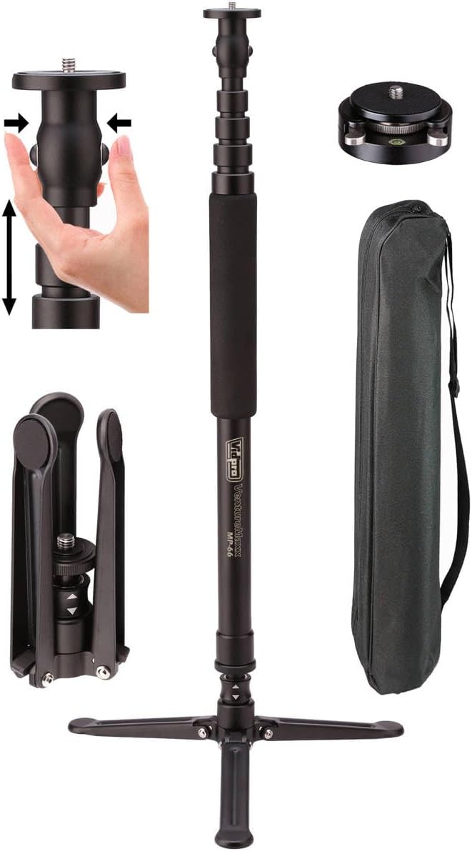 Vidpro MP-66 VentureMaxx Series Professional 70-Inch Monopod with Air Lock - Lightweight Anodized Aluminum Camera Camcorder Support Stand Adjustable 5-Section with 3 Feet Base Includes Carrying Case