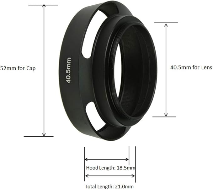 SIOTI 40.5mm Lens Hood, Oxidation Matte Anti Reflective Treatment, Aluminum Alloy, with 1 * 52mm Lens Cap, Compatible with Sony/Canon/Nikon/Fuji etc >40mm Camera Lens