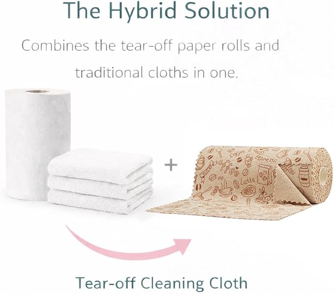 Microfiber Cleaning Cloth Roll, 50-Count Reusable Durable Absorbent Lint-Free Non-Scratch Towels, Dish Rags for Kitchen & Home, Studio, Multi-Purpose, Food Pattern, 12x12 in