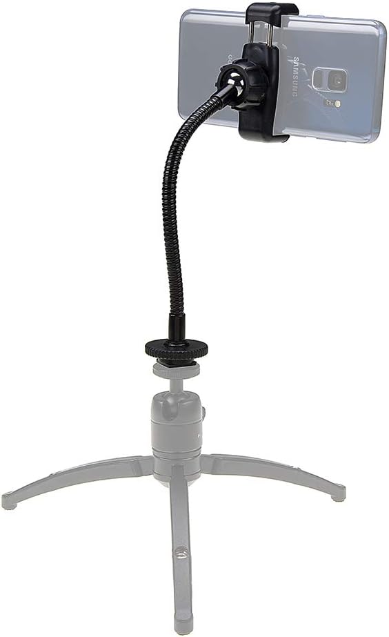 Fotodiox Cell Phone Mount w/Gooseneck Tripod/Hot Shoe Adapter - Universal Phone 1/4" Tripod Mount Clamp for Smartphones, 2.2-4" Wide Adjustable
