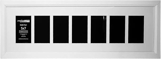 Creative Letter Art 7 Opening Glass Face White Picture Frame to hold 5 by 7 inch Photographs including 10x40-inch White Mat Collage