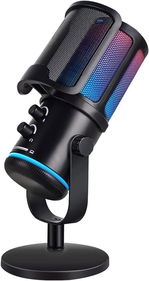 USB Gaming Microphone for PC/PS5 - RGB Condenser Mic with Noise Cancellation & Tap-to-Mute - Triple-Knob Control (Gain/Monitor Mix/Vol) - Desktop Stand for Streaming, Podcasting, Twitch, Discord