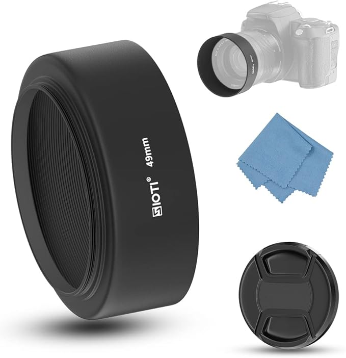 SIOTI 49mm Lens Hood, Oxidation Matte Anti Reflective Treatment, Aluminum Alloy, with 1 * 58mm Lens Cap, Compatible with Sony/Canon/Nikon/Fuji etc >50mm Camera Lens