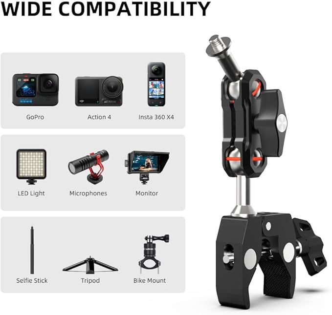 SUREWO Super Camera Clamp Mount,Super Clamp Mount with Dual Ballhead Magic Arm Compatible with Gopro Hero 13,12,11,10,9,8,7,6,5, Insta360 X4/3/2, DJI Osmo Action 6/5 pro/4/3,AKASO and More