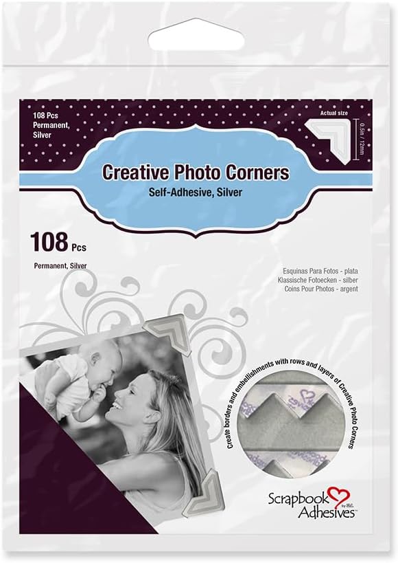 SCRAPBOOK ADHESIVES BY 3L Self-Adhesive Creative Paper Photo Corners, Silver, 108-Pack