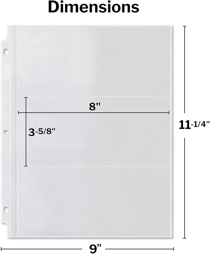 Dunwell Binder Currency Sleeves for Collectors - (50 Pack), Acid-Free 3-Pocket Clear Plastic Refill Pages for Currency Collection Album, 3-Ring Binder Sheet Protectors for Bills, Banknotes or Coupons