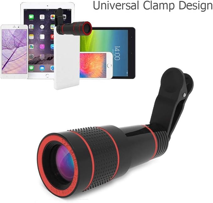 12x Optical Zoom HD Cell Phone Camera Lens, Telephoto Clip-On Lens for Single Lens Phone, Compatible with iOS X/8/7/6s/6 Plus Android Tablet, Used as Monocular Rubber Eyecup Carry Bag