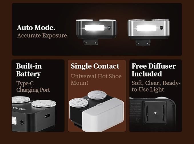 ZA12 Camera Flash Light, Dual-Dial 6500K±200K Camera Flash for Fujifilm X-T30 X-T5 Sony ZV-E10 Nikon Panasonic Olympus Ricoh GR3/4 SLR Cameras Hot-shoe Lithium Battery Type-C Charge(ZA12-Black)