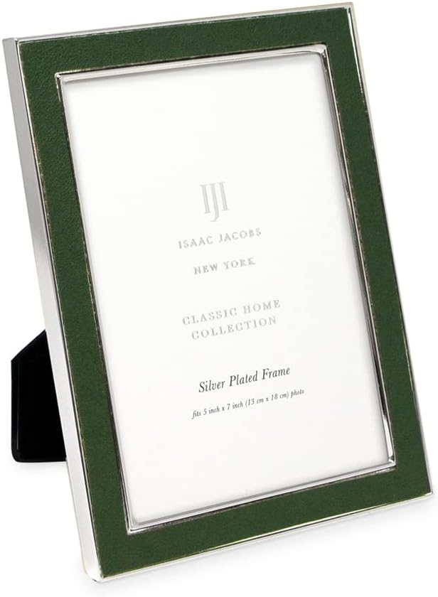 Isaac Jacobs 5x7 Olive Leather with Silver Metal (Vertical & Horizontal) Picture Frame, Suede Border w/Black Fabric Easel, Wall-Mountable, Made For Tabletop, Photo Gallery (5x7, Olive W/Silver)