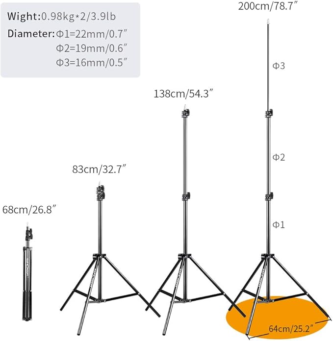 K&F CONCEPT Aluminum Light Stands for Photography, 78.8'' Adjustable Lighting Tripod Stand for Reflectors, Softboxes, Photo Studio Speedlight, Ring Light, Umbrellas, Flash Stand, 2 Pack