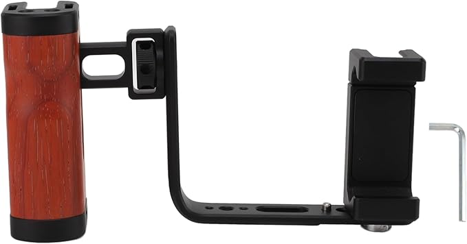Phone Camera Rig Hand Grip, Wooden Handle with Adjustable L Plate, Cold Shoe Mounts, for, for iOS Smartphones
