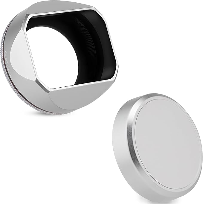 Haoge Squaret Metal Lens Hood for Fujifilm XF23mm F2.8 on XE5 Cemera Body kit Fujinon XF27mmF2.8 R WR Lense 39mm Screw-in Hood Silver,with Metal Cap