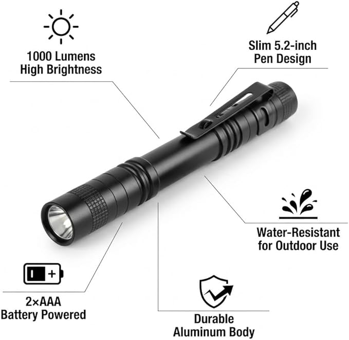1000 Lumens Pen Flashlight, Compact LED Torch with Clip, 2×AAA Battery Powered, Pocket-Sized Inspection Light for Everyday Carry, Outdoor Use & Work