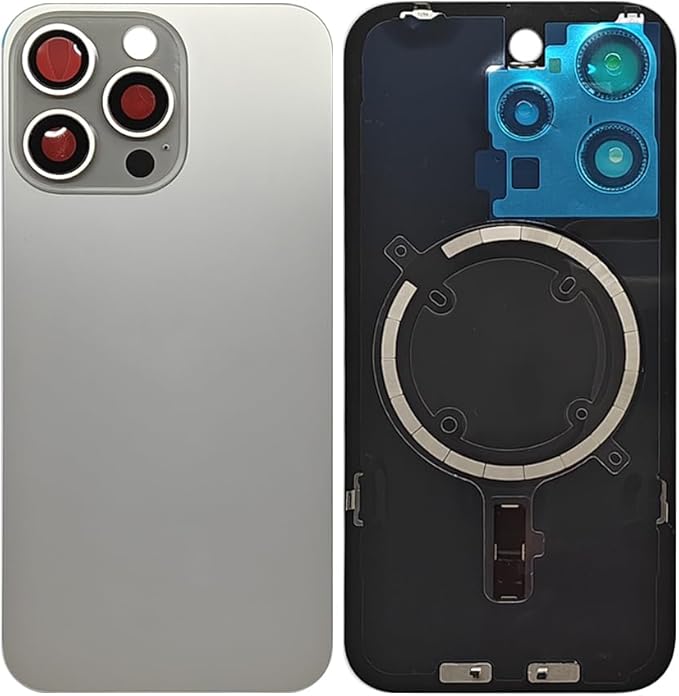 1Pcs/Lot Battery Cover Glass for iPhone 15 Pro Max Back Housing Replacement with Small Parts Metal Plate Magnetic for iPhone 15PM 2in1 Big Hole Back Glass Rear Door Case (Natural)