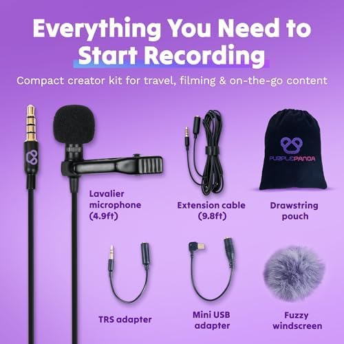 Purple Panda Wired Lavalier Microphone Omnidirectional – Attachable Lapel Mic Compatible with GoPro, DJI, Insta360, Tablet, iPad, DSLR, Camera, Ideal for Social Media Content Creators