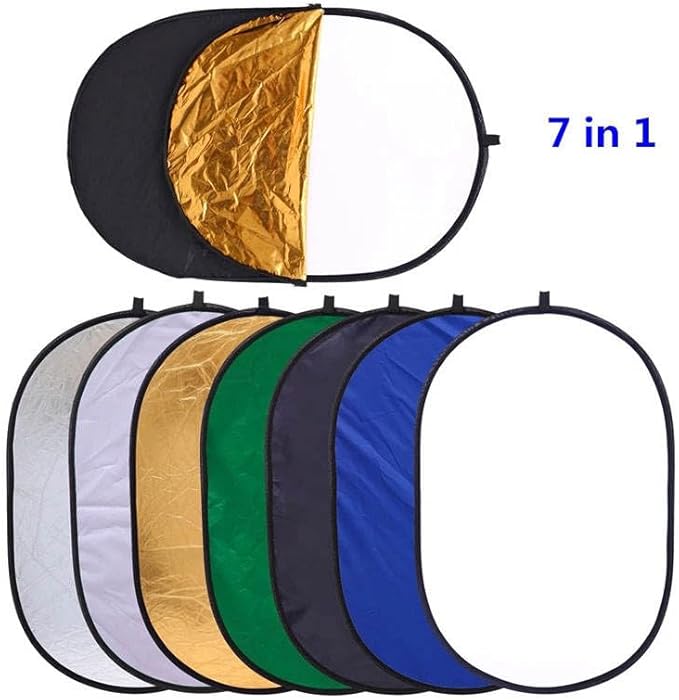 REFLEX CAMERA 7-in-1 Photography Reflector (Rectangular) – Translucent/Silver/Gold/White/Black/Blue/Green – Light Diffuser & Chroma Key Background Kit with Carrying Case (120x180cm/47x70)