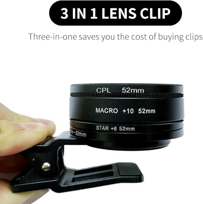 EMVANV 52mm 3 in 1 Phone Lens Filter Kit, CPL + Macro + Star Lenses, Universal Clip-on Cellphone Lens, Black, Optical Glass