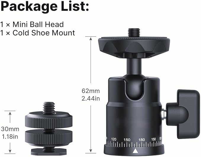 XIAOTJ Mini Ball Head with Hot Shoe Mount Adapter, Metal 360° Rotating Panoramic Tripod Head with 1/4" Screw, for Monitor/LED Light/Action Cameras/Phone Holder Attach DSLR Camera Cage Cold Shoe Mount