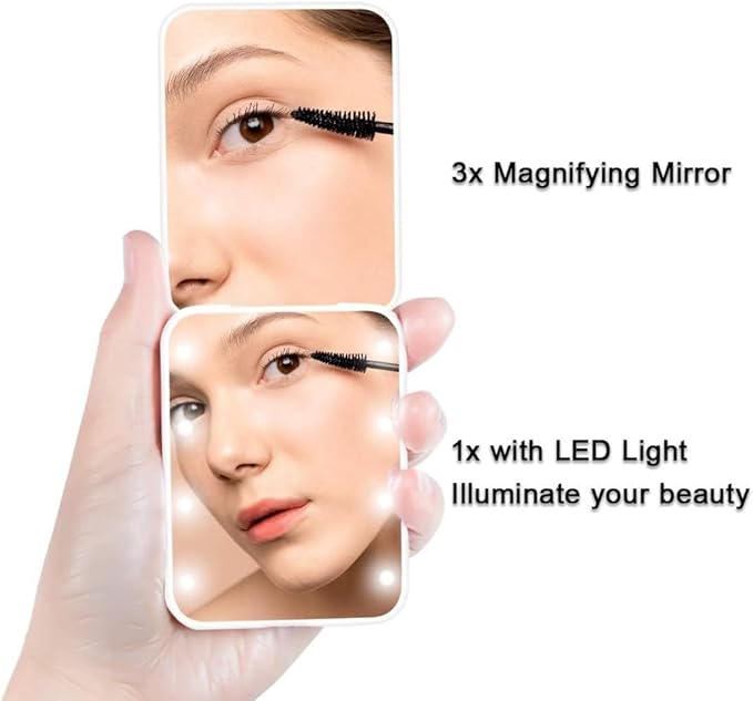 Compact Mirror, 1x/3x Magnification Mini Mirror for Purse, Pocket, Handheld, Stocking Stuffers, Travel Makeup, 2-Sided Foldable, Small Mirror with Led Lights