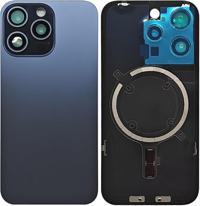 1Pcs/Lot Battery Cover Glass for iPhone 15 Pro Max Back Housing Replacement with Small Parts Metal Plate Magnetic for iPhone 15PM 2in1 Big Hole Back Glass Rear Door Case (Blue)