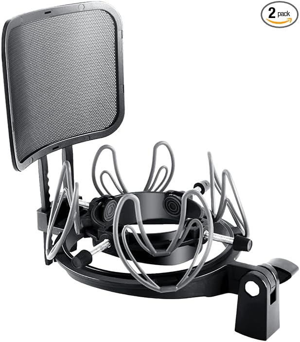 Universal Microphone Shock Mount with Pop Filter for Condenser Microphones Size at 21-62mm Anti-Vibration Mic Holder Clip(Black)