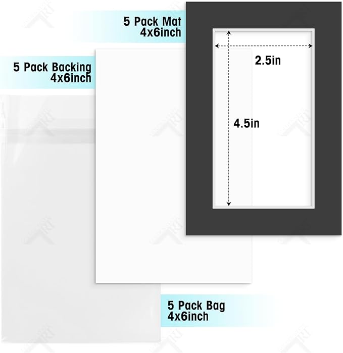 Golden State Art, Acid Free, Pack of 5, 4x6 Black Picture Mats Mattes with White Core Bevel Cut for 3x5 Photo + Backing + Bags