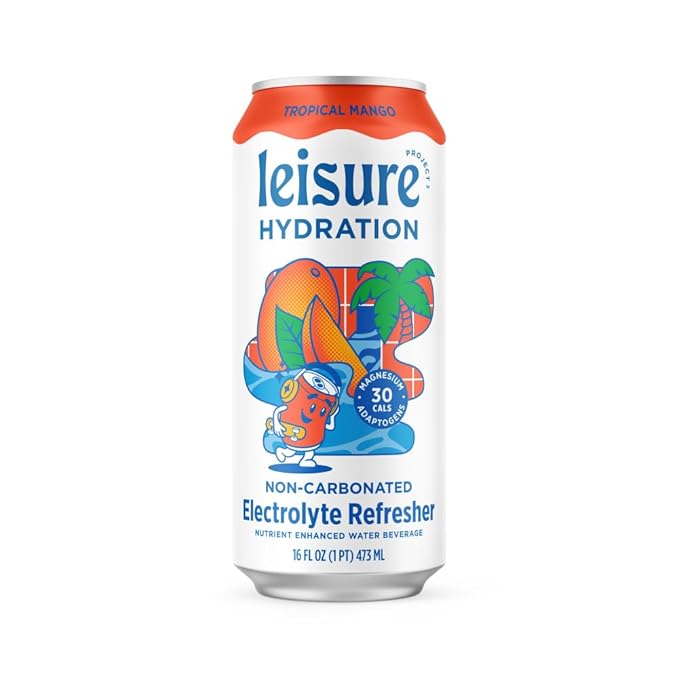Leisure Hydration Non-Carbonated Electrolyte Refresher, Tropical Mango Flavor - Low Sugar Nutrient Enhanced Water Beverage - Get The Best Hydration Packed w/ Magnesium & Ashwagandha For Mood & Stress Support, Non-GMO, 16 oz (12-Cans)