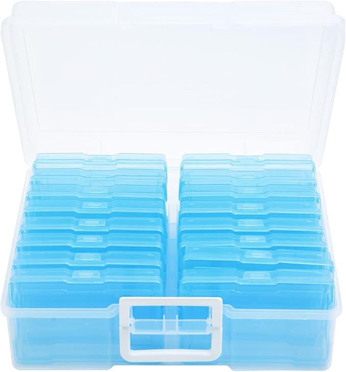 Naivees 4" x 6" Photo Storage Case with Handle, 16 Inner Photo Organizer Keeper, Extra Large Storage Picture Boxes, Seed Storage, Transparent Craft Keeper (Blue)