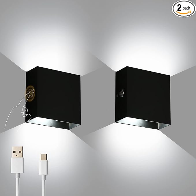 Indoor Wall Sconces Battery Operated Set of 2, Rechargeable Wall Lights Black Touch Control, Modern Up Down Wall Mount Light for Hallway, Cool White, LG9939112