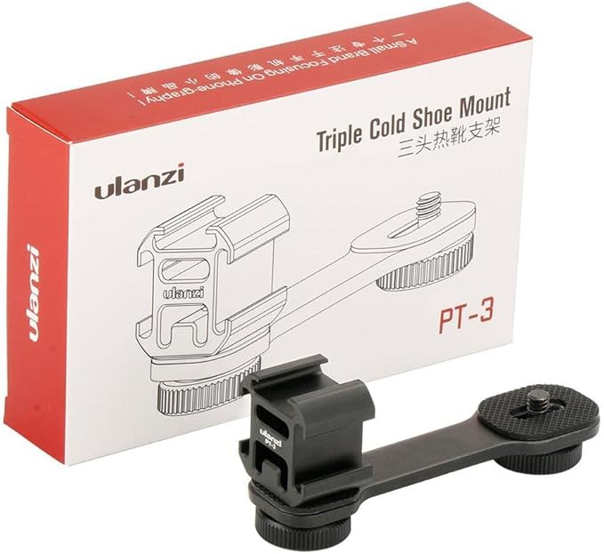 ULANZI PT-3 Triple Cold Shoe Mount Adapter Aluminium for Gimbal (DJI Osmo Mobile 2/3, Zhiyun, Feiyutech), Camera and Smartphone Vlog Video Microphone Extension Bar,Black